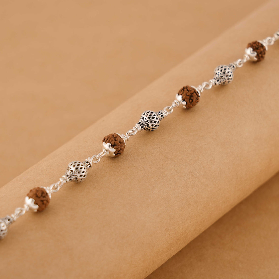 Rudraksha and Hollow Mesh Silver Beads Bracelet
