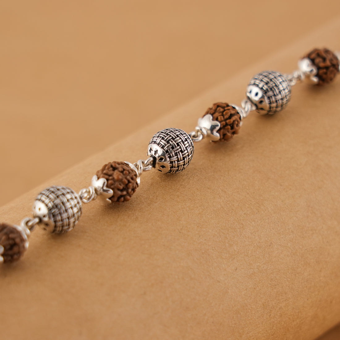 Rudraksha Silver Textured Round Beads Bracelet