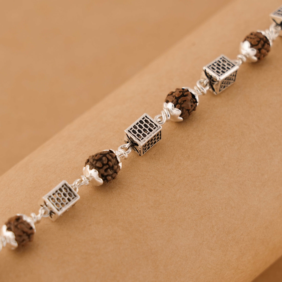 Rudraksha Silver Square Cylinder Bracelet.