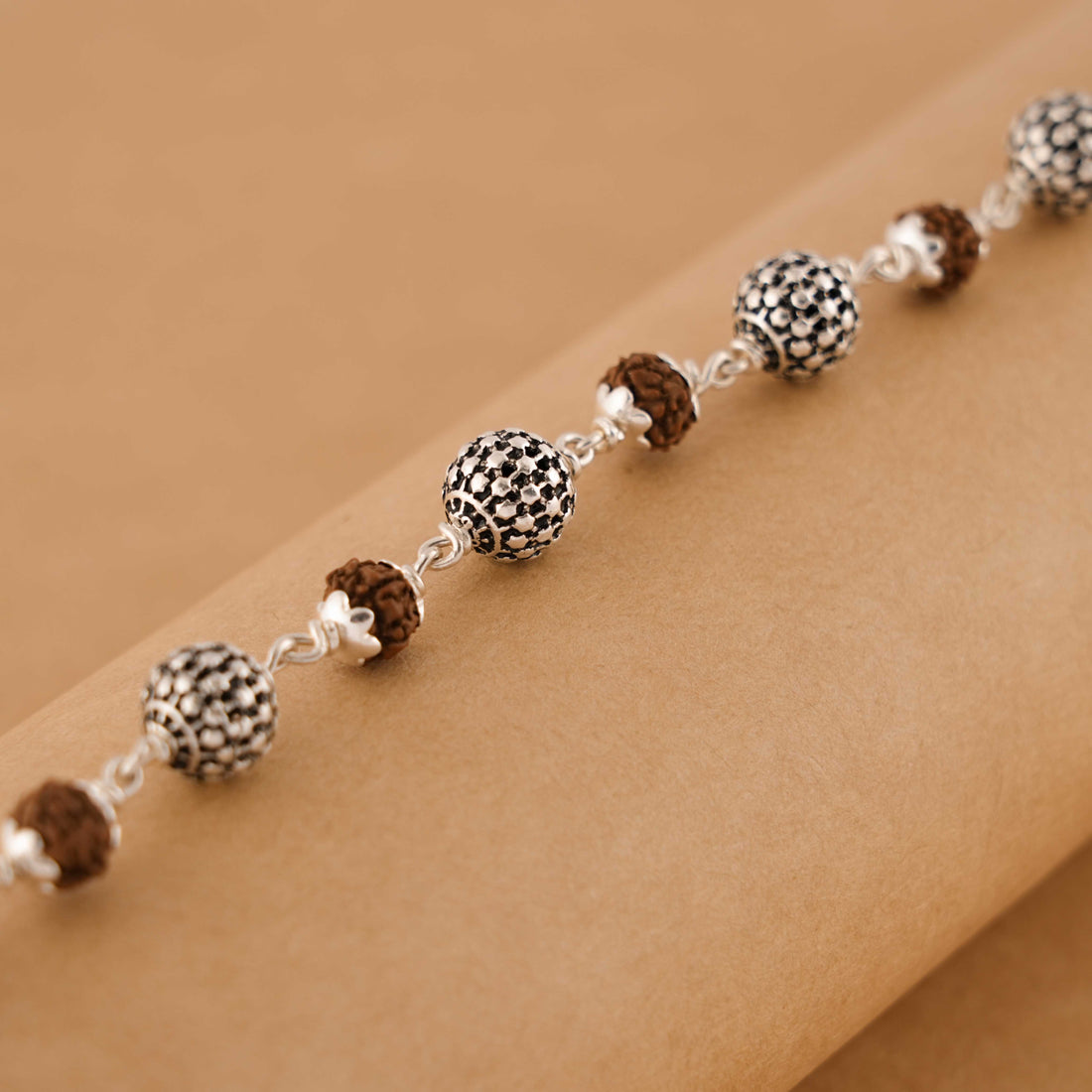 Rudraksha Silver Hollow Round Beads Bracelet.