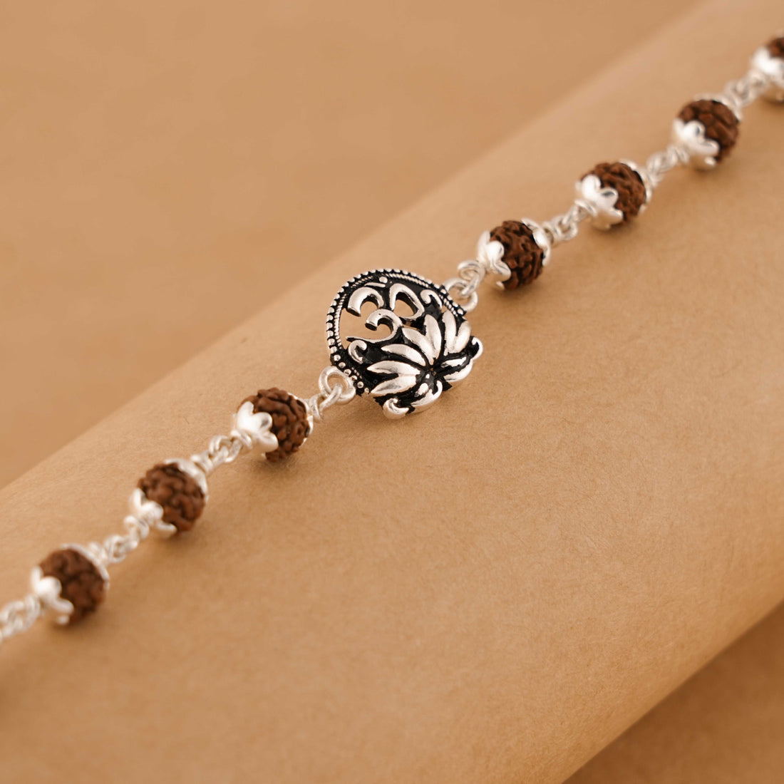 Rudraksha silver bracelet with Om and lotus flower single line for Men
