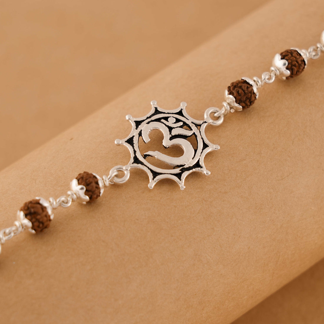 Rudraksha Silver Bracelet with Om in Pointed Circle