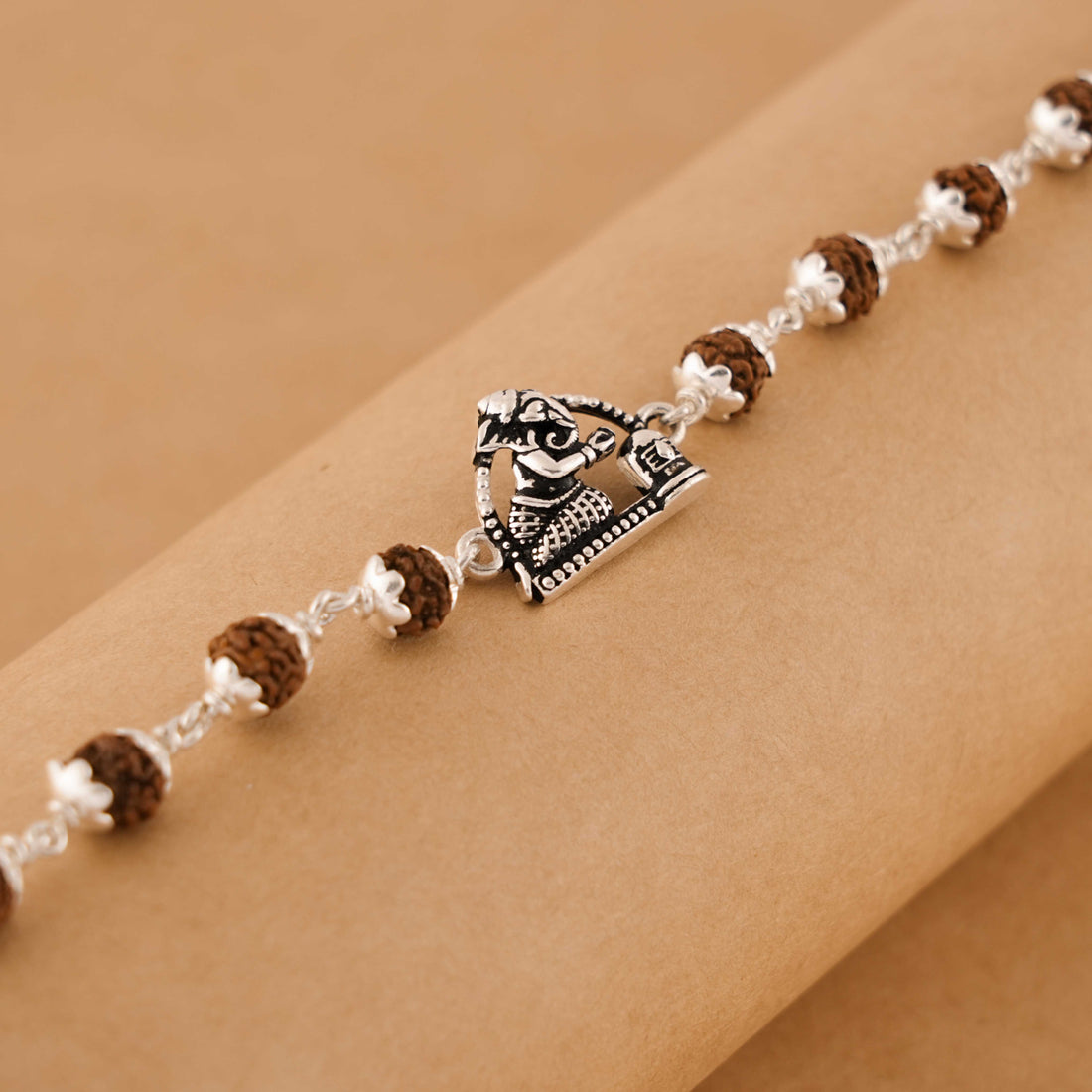 Rudraksha Silver Bracelet With Folded-Hand Ganesh