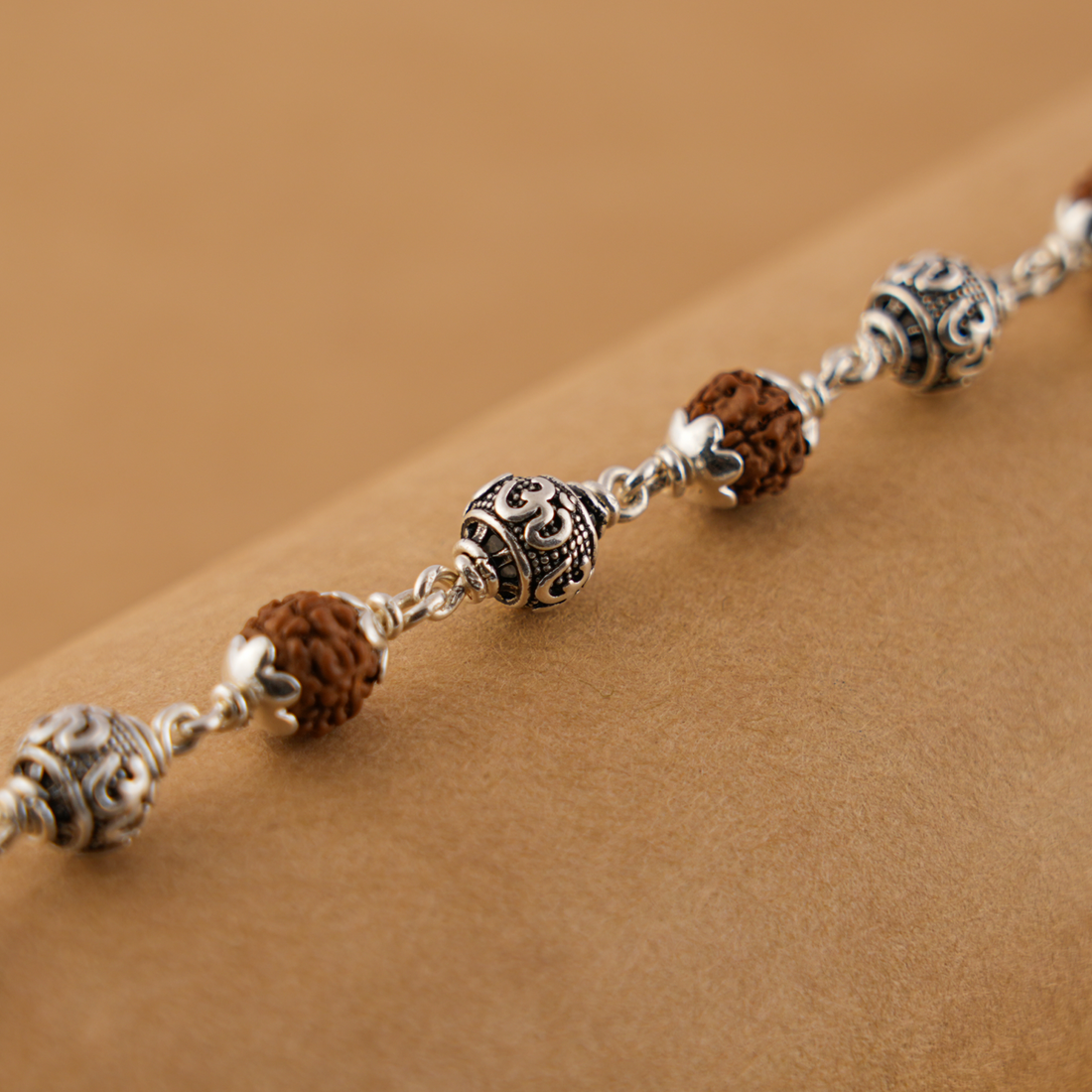 Rudraksha Silver Om Beads Bracelet