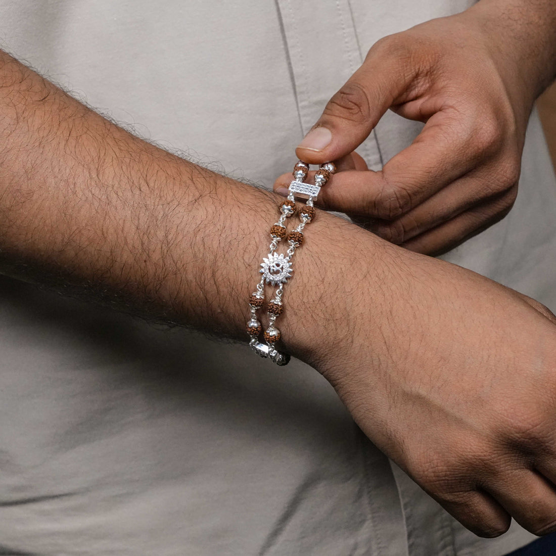 Rudraksha Silver Om With Sunface Double Line Bracelet