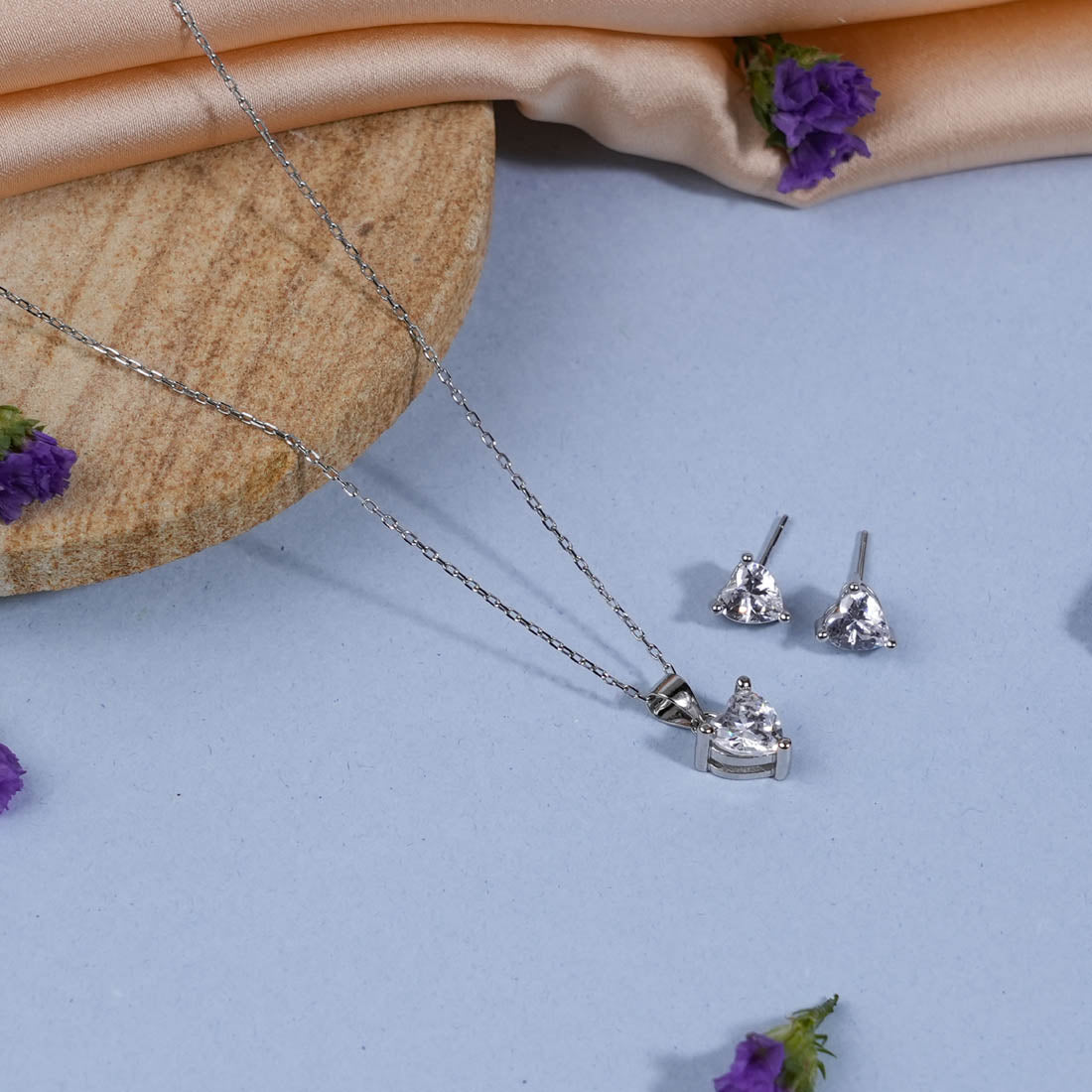 Silver Set Chain Heart-Shaped Pendant and Earrings with Stones for Women