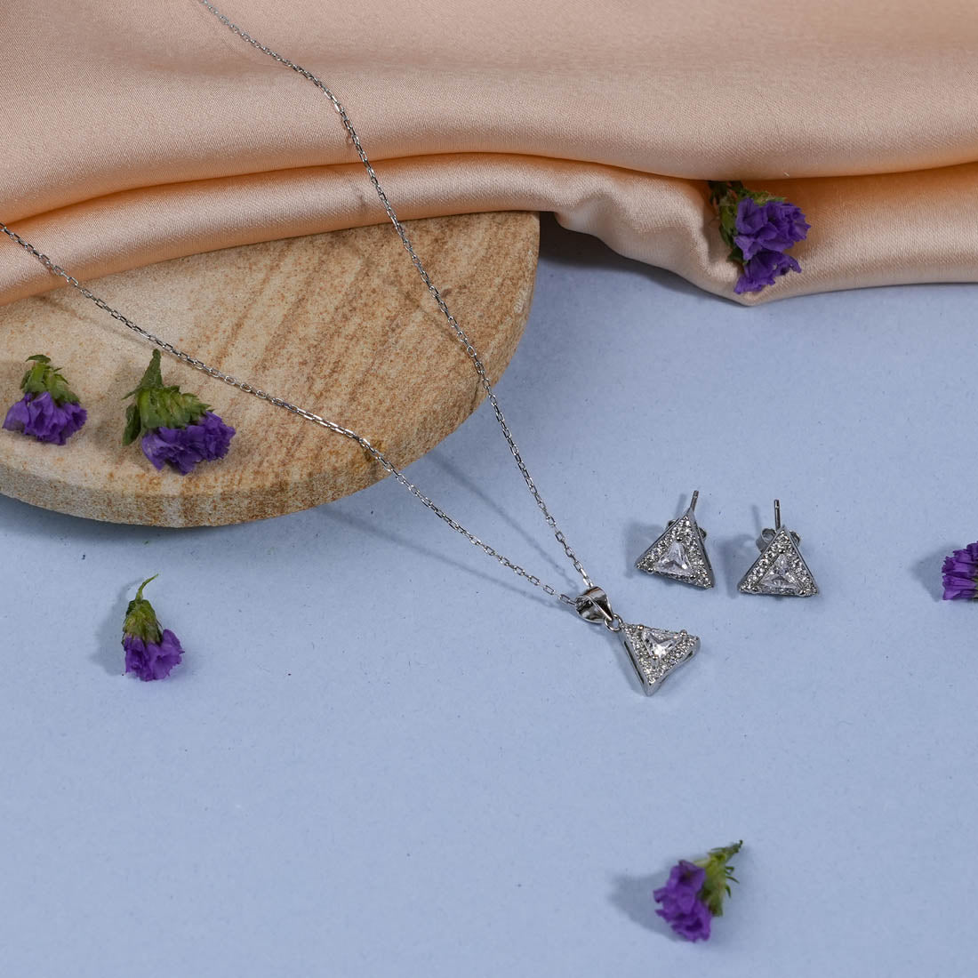Silver Set Chain Triangular Pendant and Earrings with Stones for Women