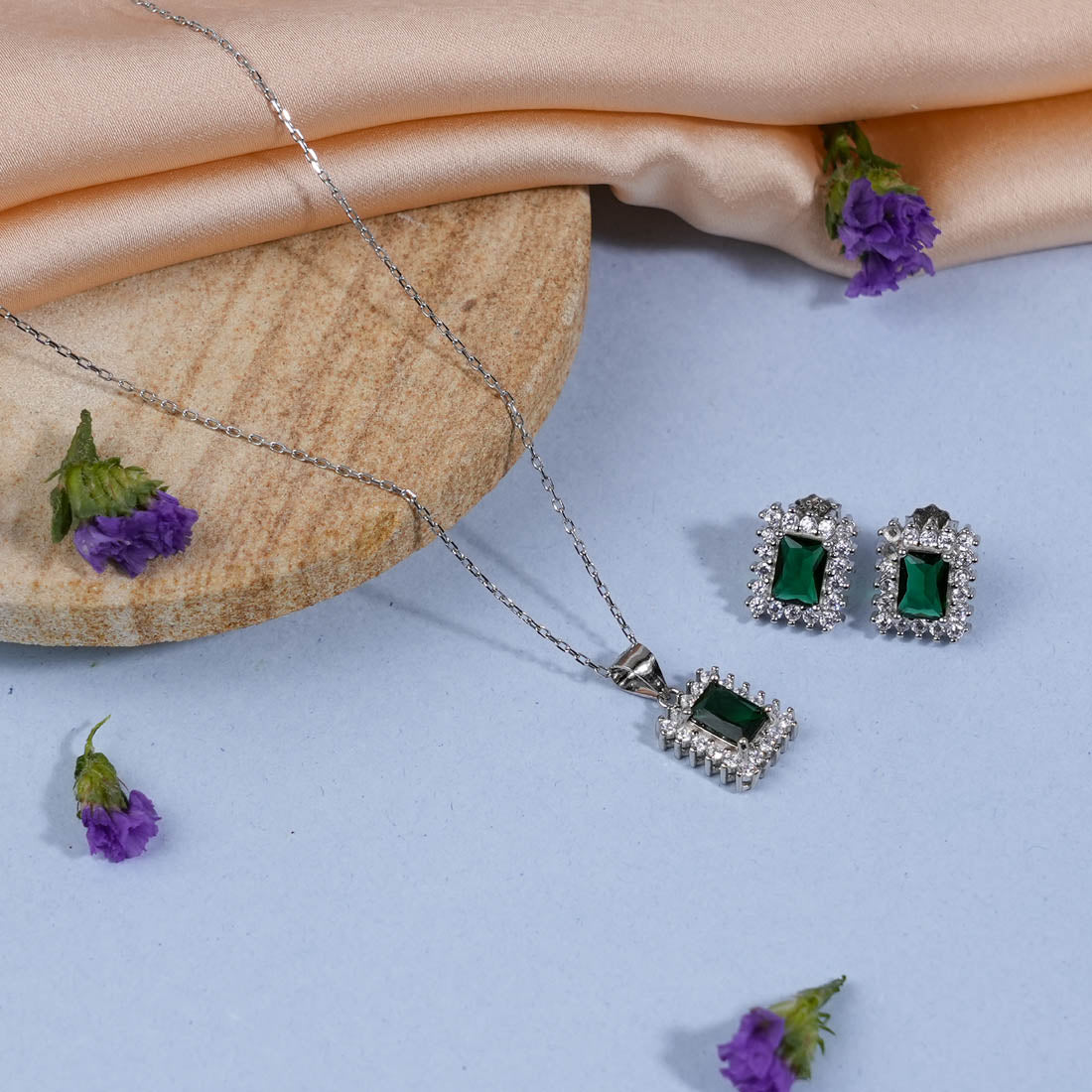 Silver Set Chain Rectangular Pendant with Earrings with Green Stones for Women
