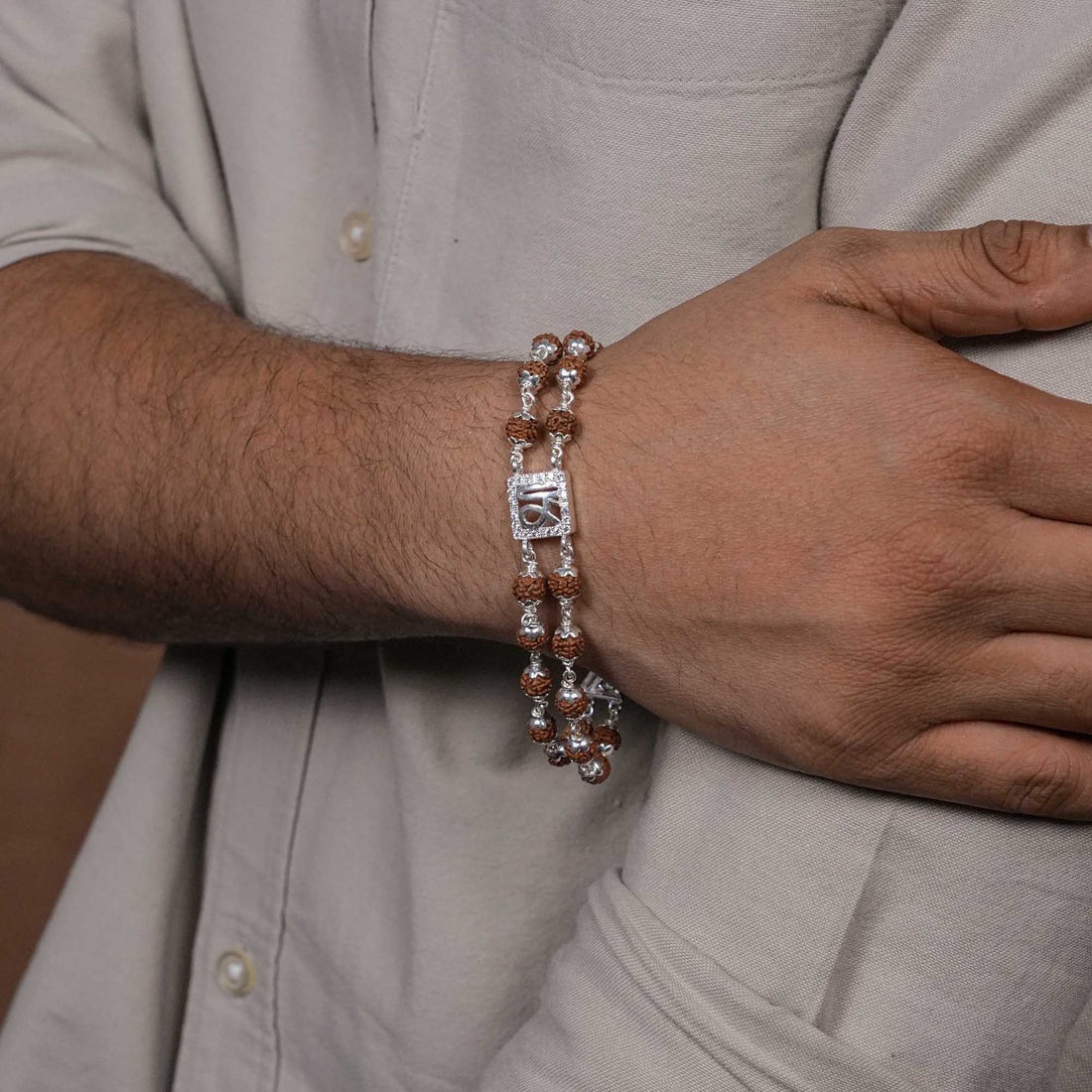 Rudraksha Silver Shree in Square double line bracelet