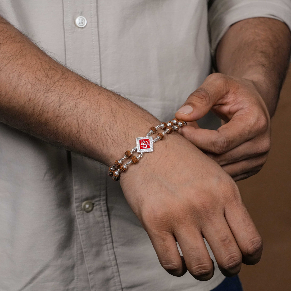 Rudraksha Silver Om Red-Col Double Line Bracelet