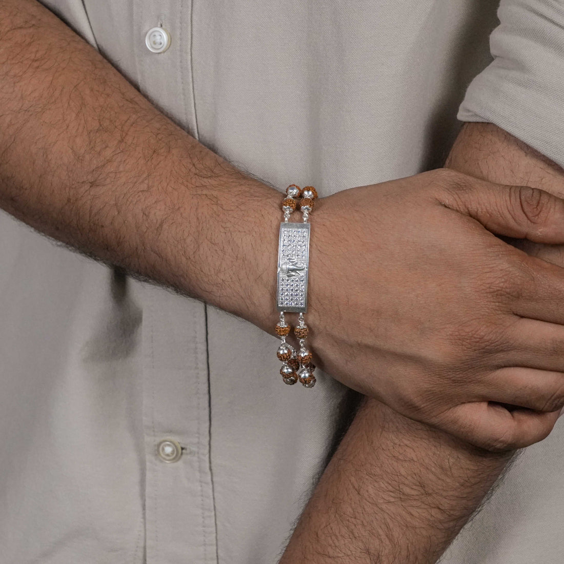 Rudraksha Silver Ganesh Rectangle Double Line Bracelet