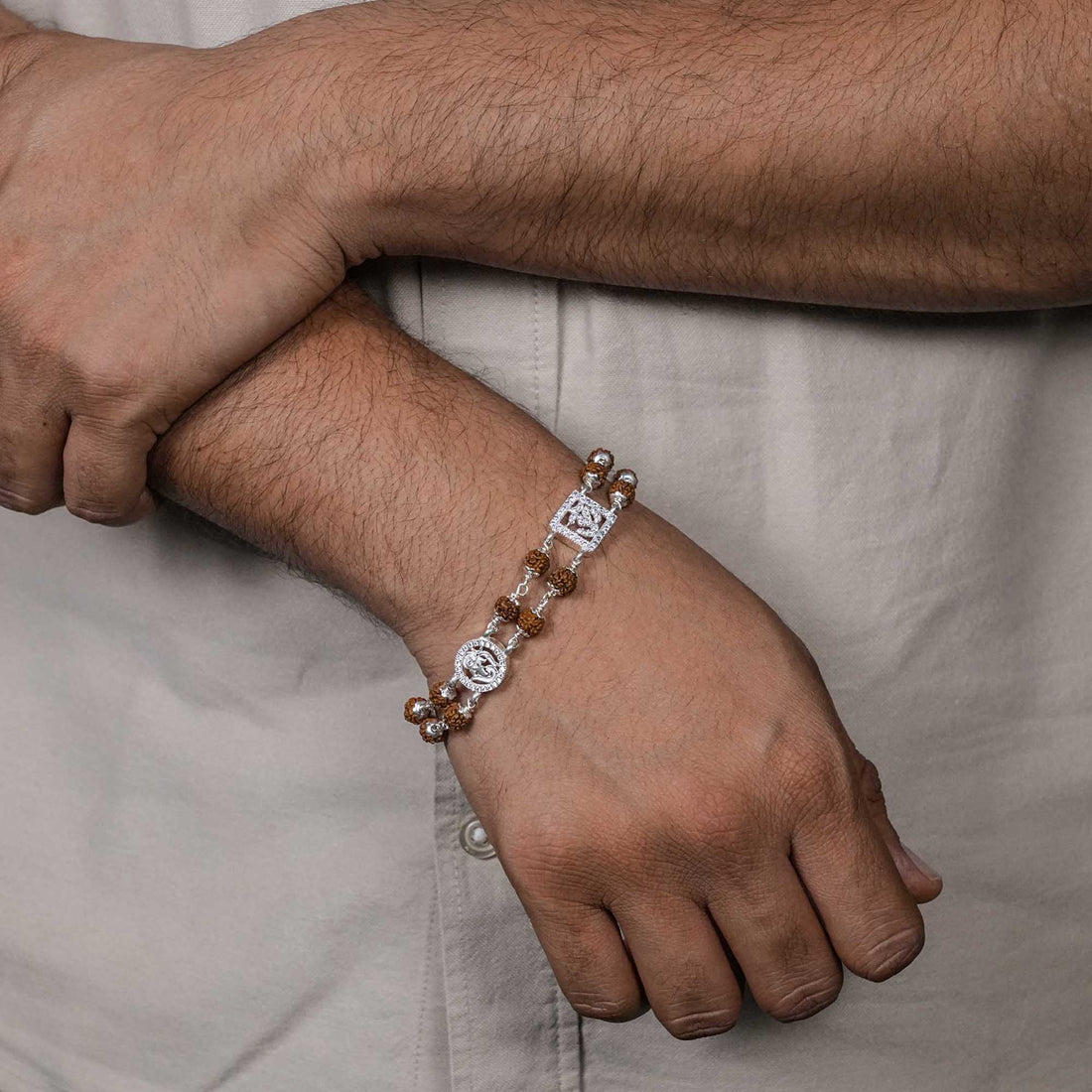 Rudraksha Silver Om With Ganesh double line Bracelet