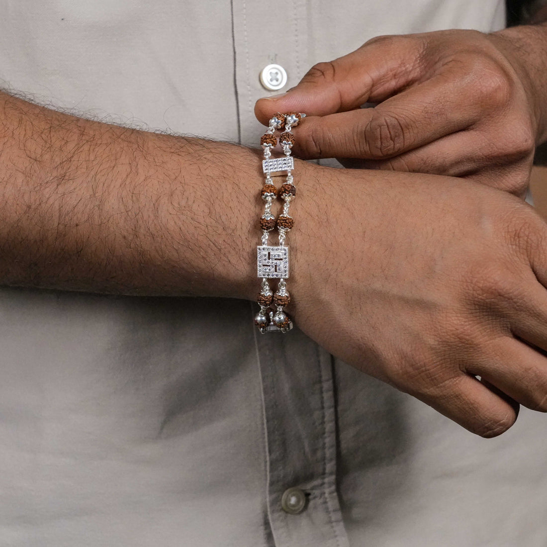 Rudraksha Silver Swastik in Daimond Square Double Line Bracelet