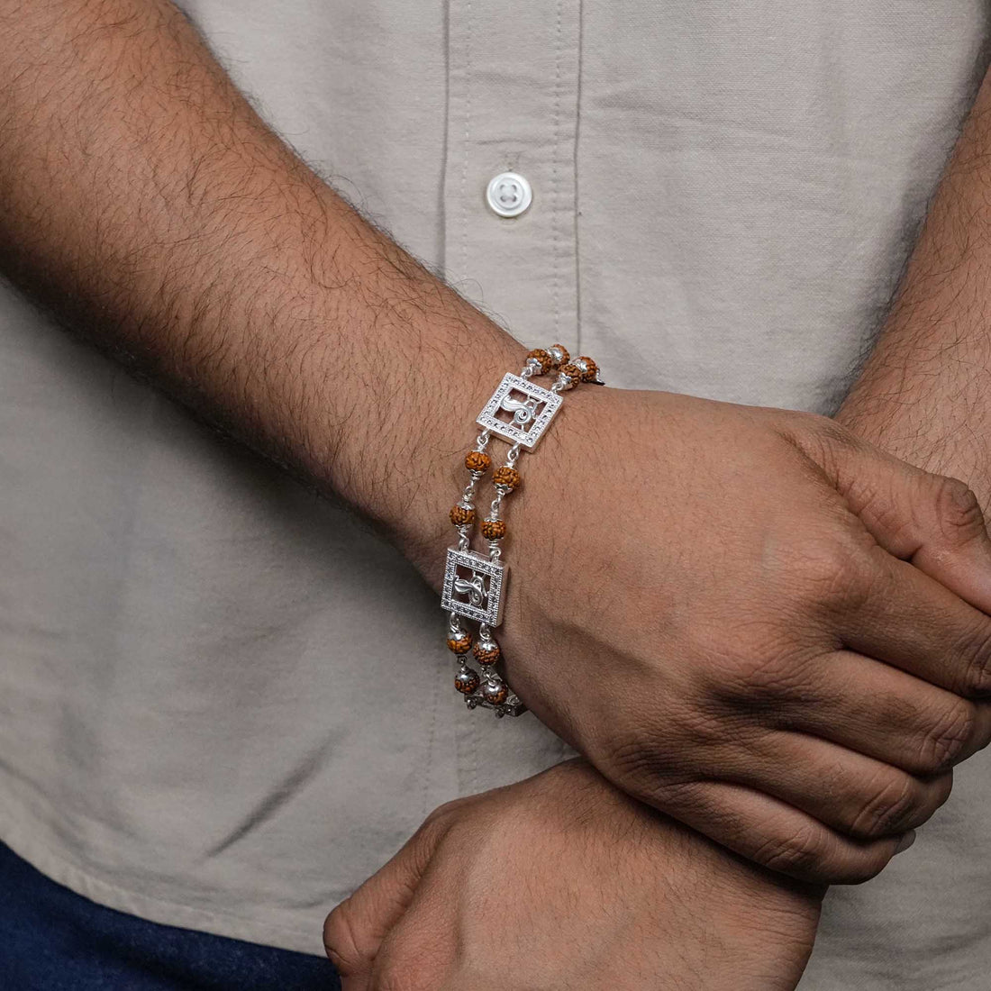 Orignal Rudraksha Silver Three Brooch Goga double line bracelet