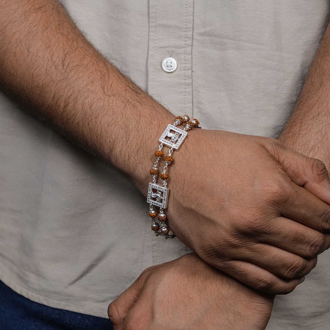 Rudraksha Silver Three Brooch Goga double line bracelet