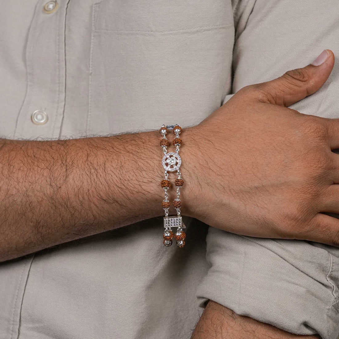 Rudraksha Silver Ganesh Double Line Bracelet