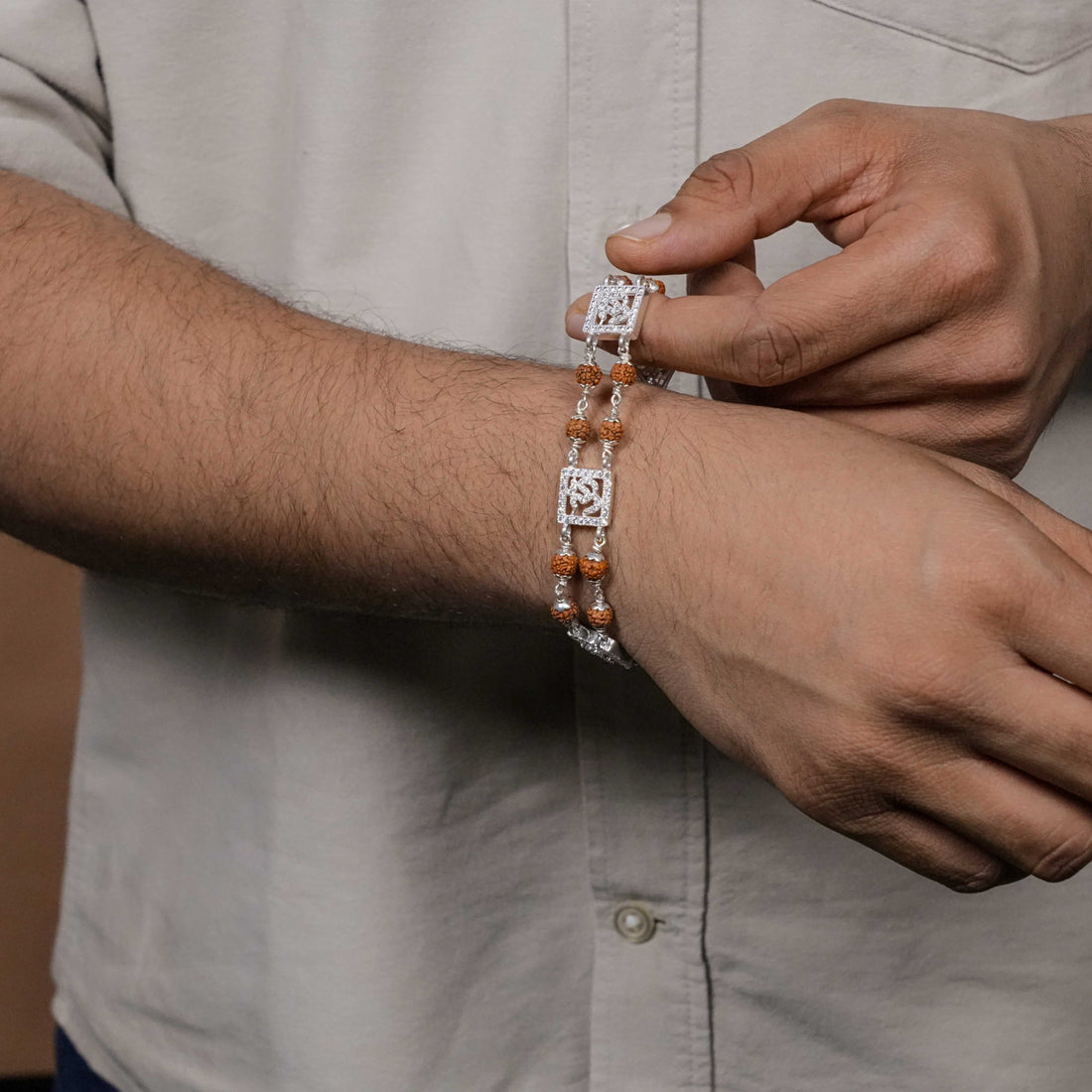 Orignal Rudraksha Silver Three Om double line Bracelet