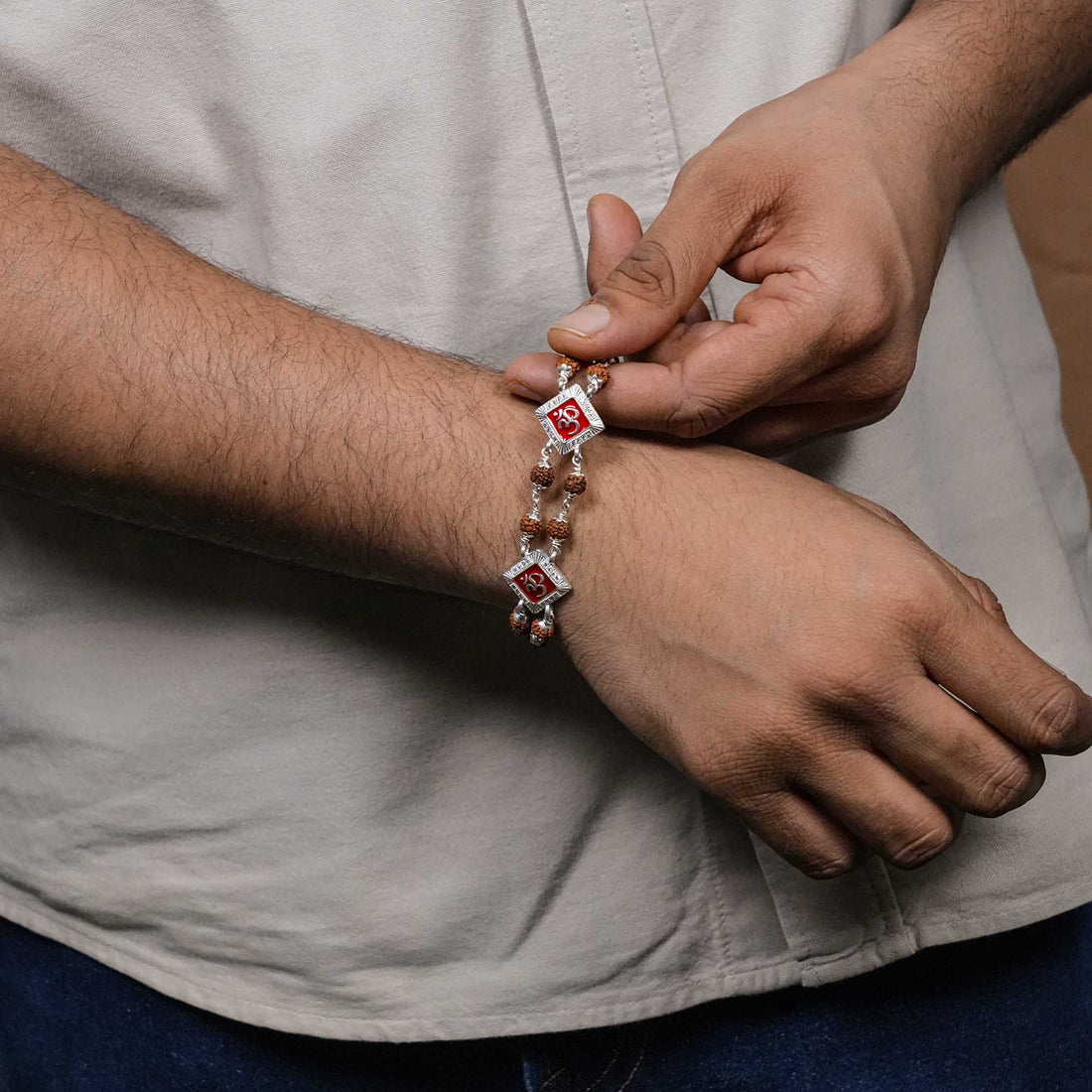 Rudraksha Silver Two Om double line bracelet