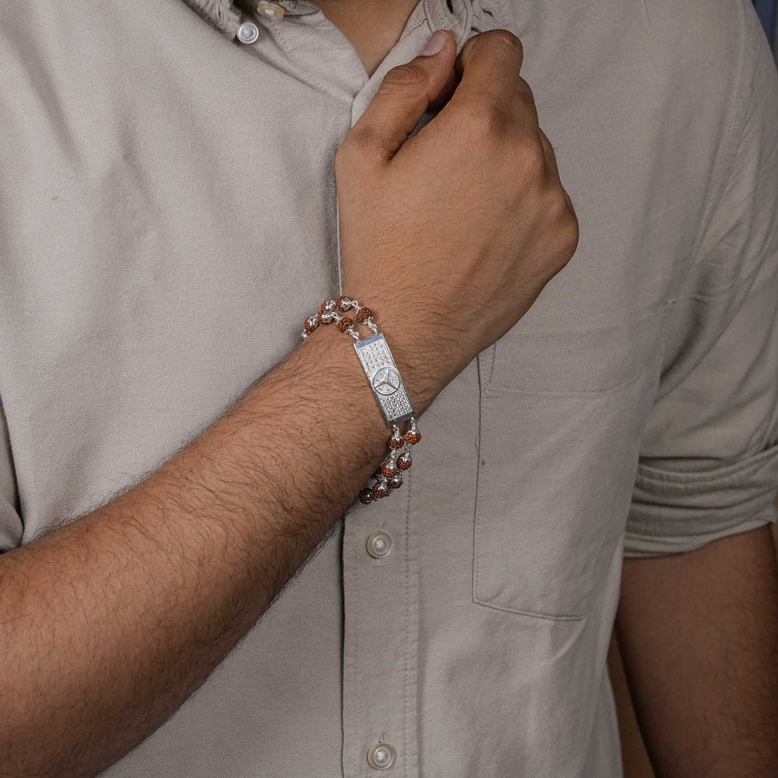 Rudraksha Silver Mercedes Symbol Double Line Bracelet