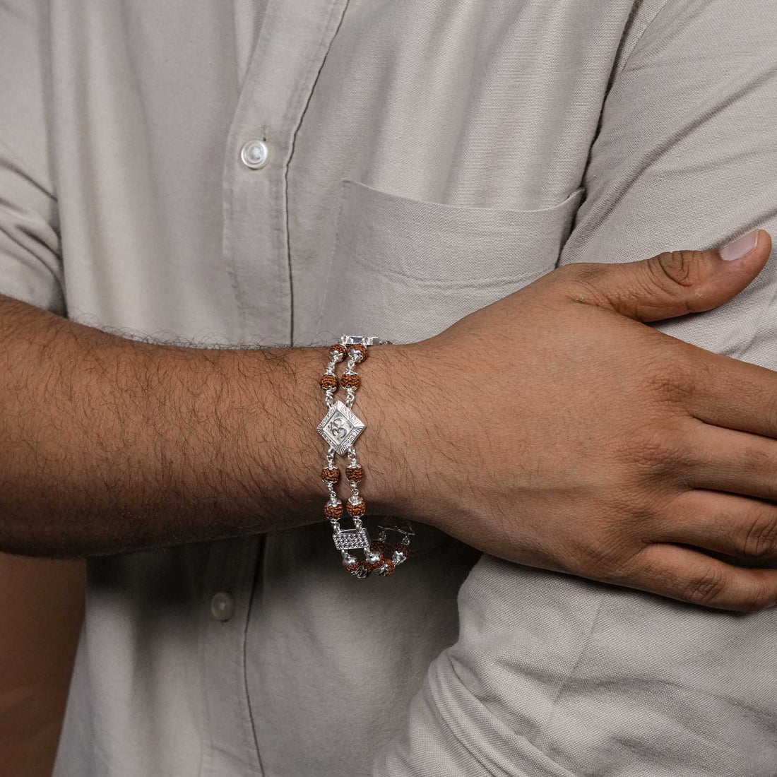 Rudraksha Silver Om Brooch double line Bracelet