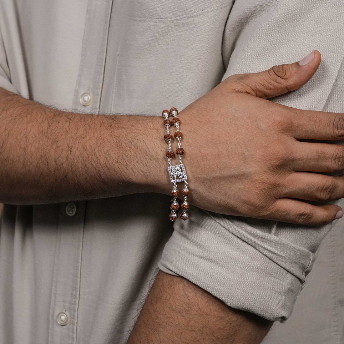 Orignal Rudraksha Silver Square Diamond Om double Line Bracelet