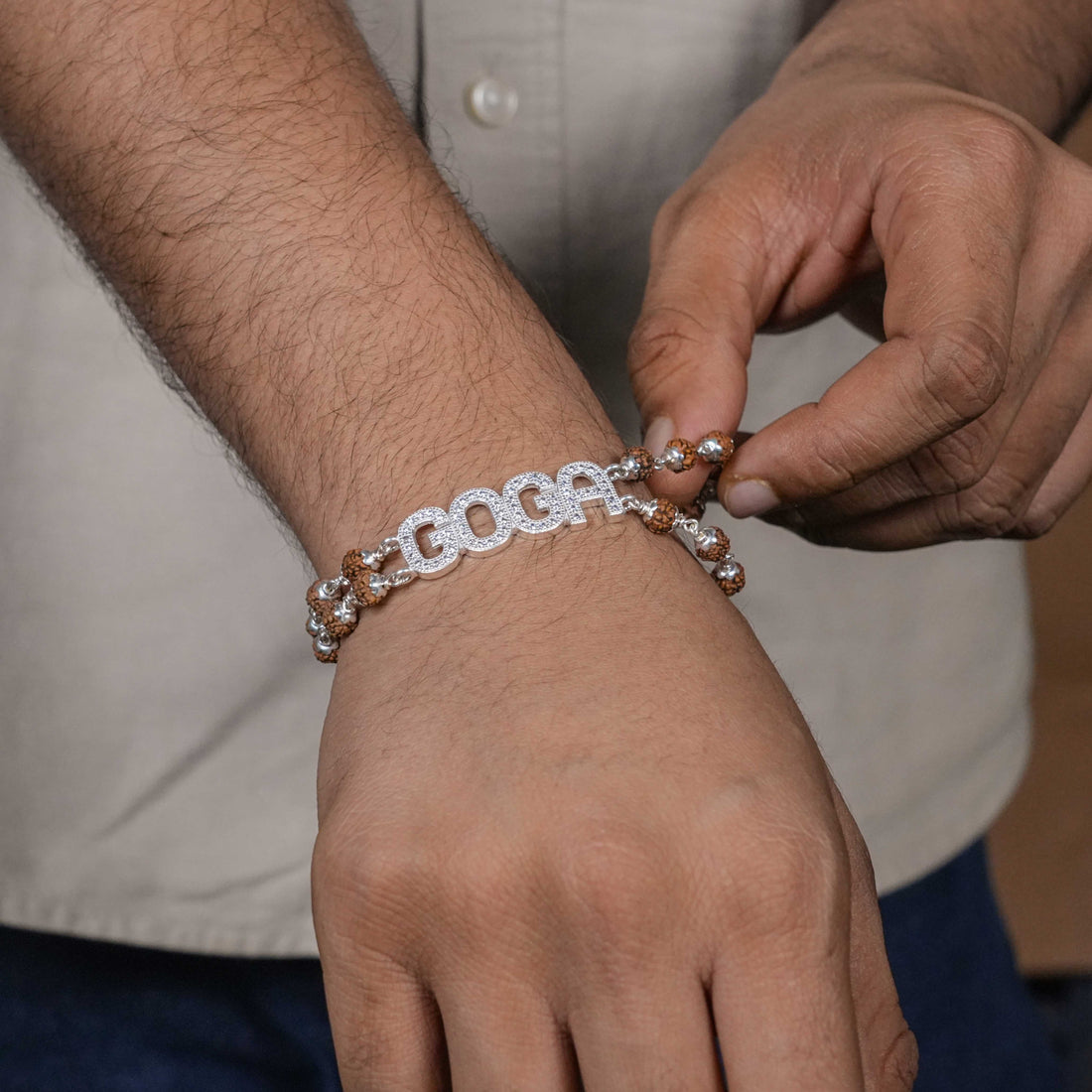 Rudraksha Silver Goga Brooch Double Line Bracelet