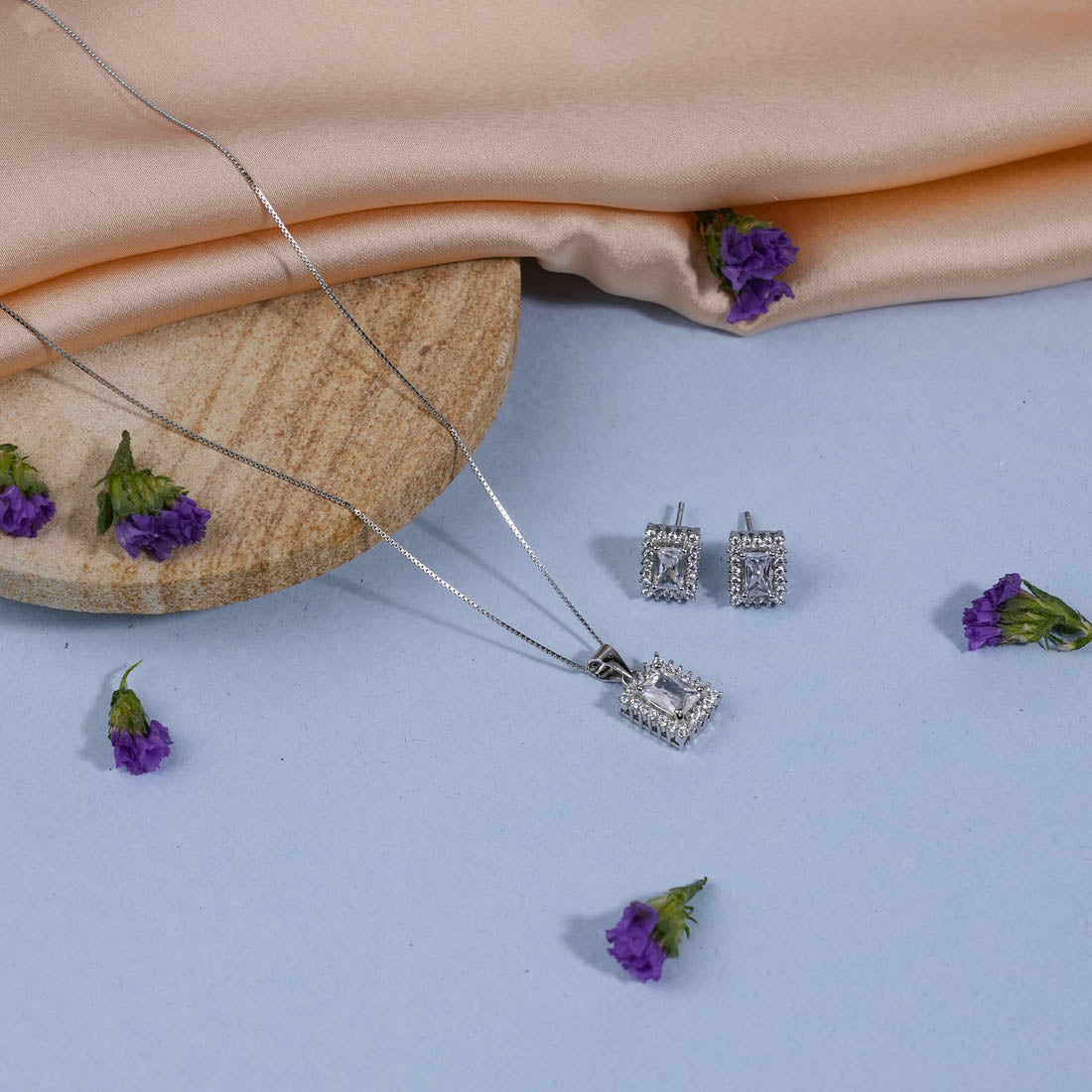 Silver Set Chain Rectangular Pendant with Earrings with Stones for Women