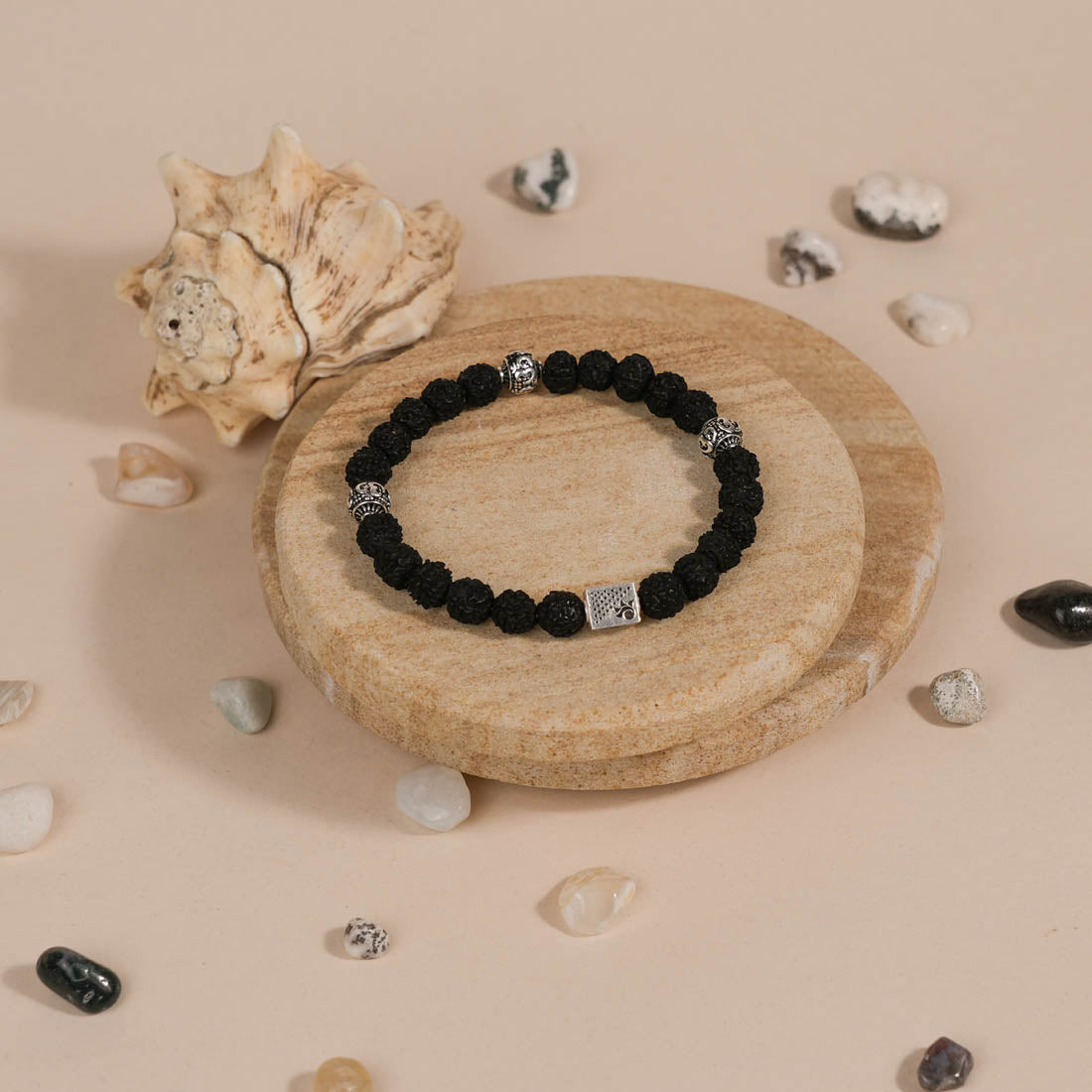 Authentic Black Rudraksha and Om Silver Beads Bracelet