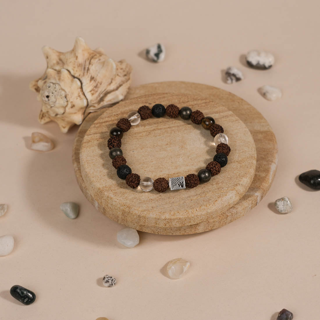 Authentic Rudraksha with Lava, Pyrite & Spatik Beads Bracelet