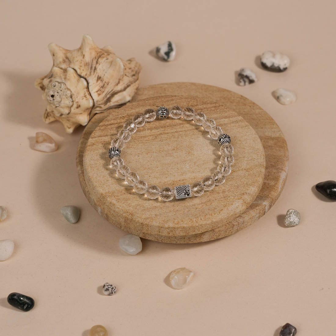Spatik Diamond Cut Beads with Om Namah Shivay Silver Beads Bracelet