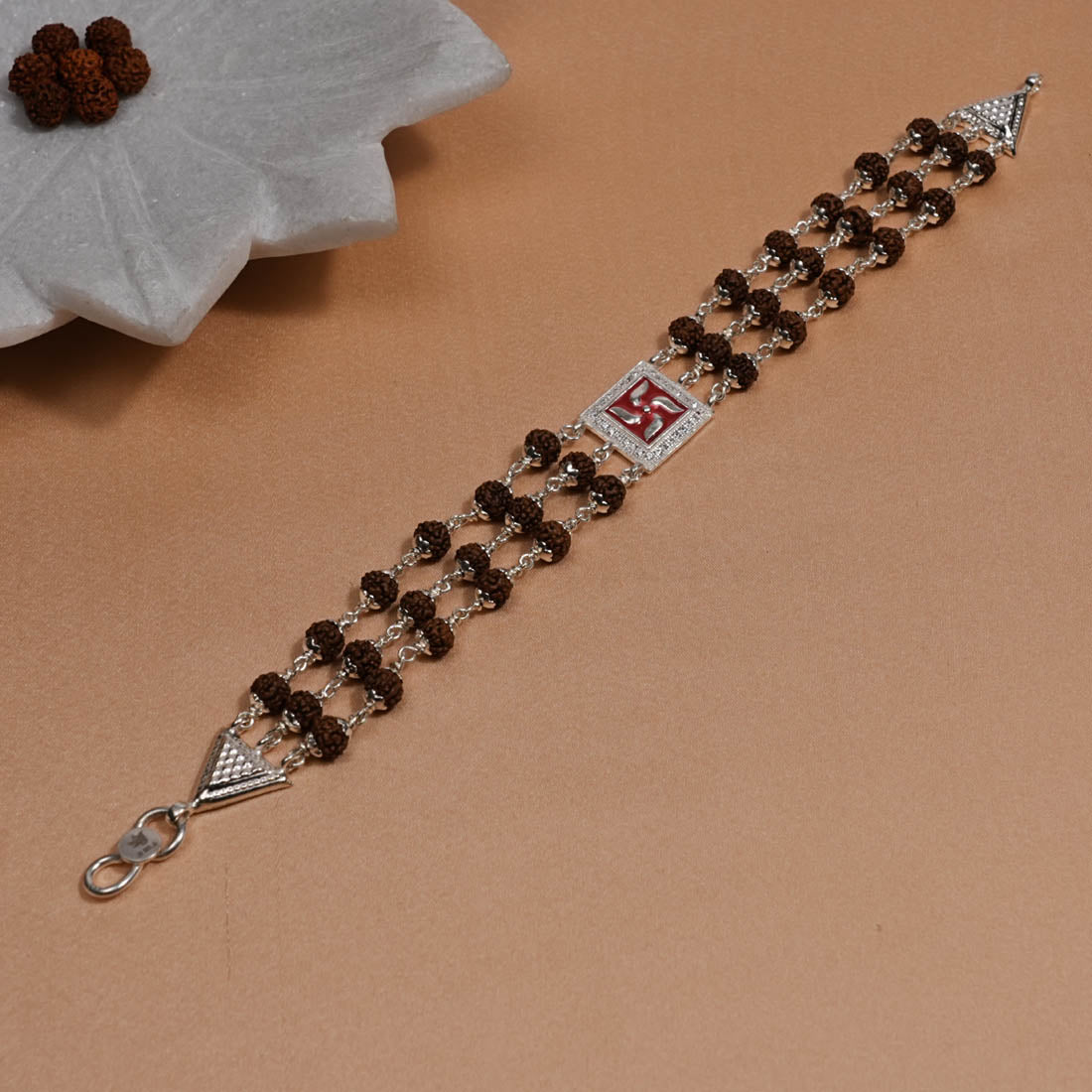 Orignal Rudraksha Silver Swastik in Red Triple Line Bracelet