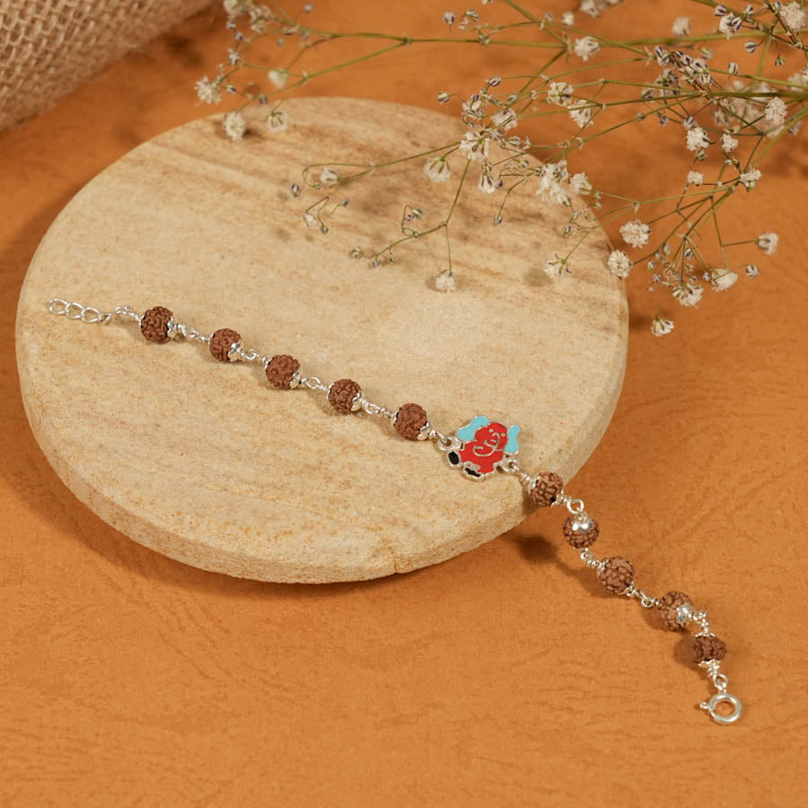 Authentic Rudraksha Silver Bracelet with Elephant Single Line for Kids