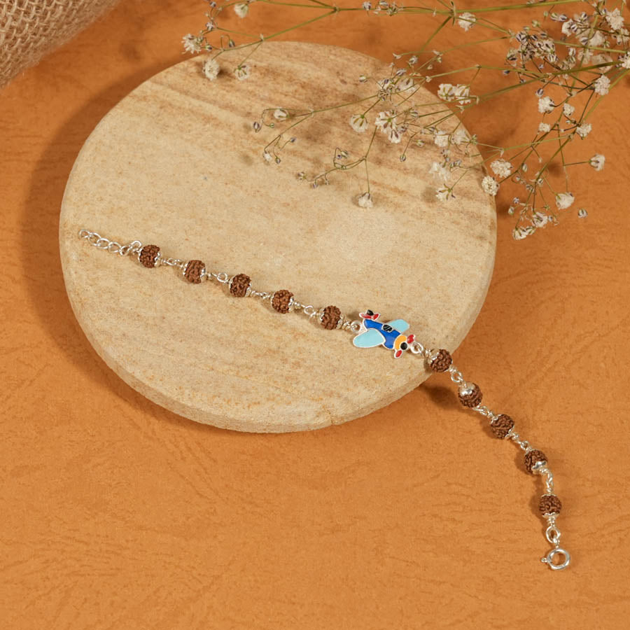 Authentic Rudraksha Silver Bracelet with Colorful Airplane Single Line for Kids