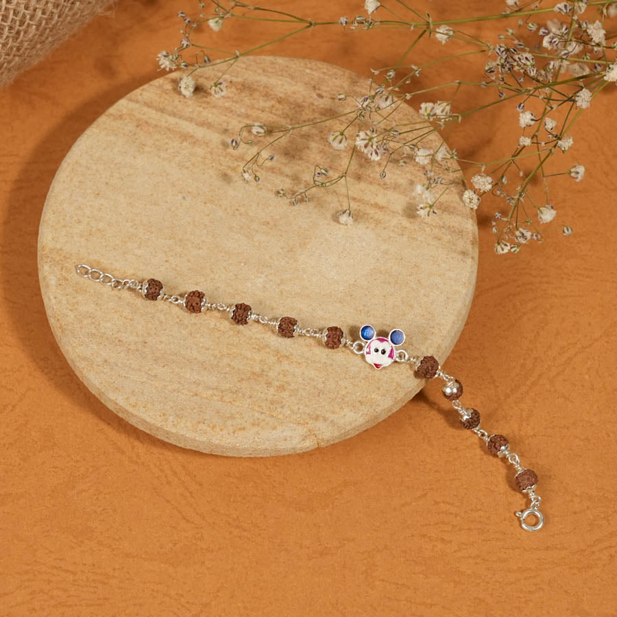 Authentic Rudraksha Silver Bracelet with Colorful Mickey Mouse Single Line for Kids