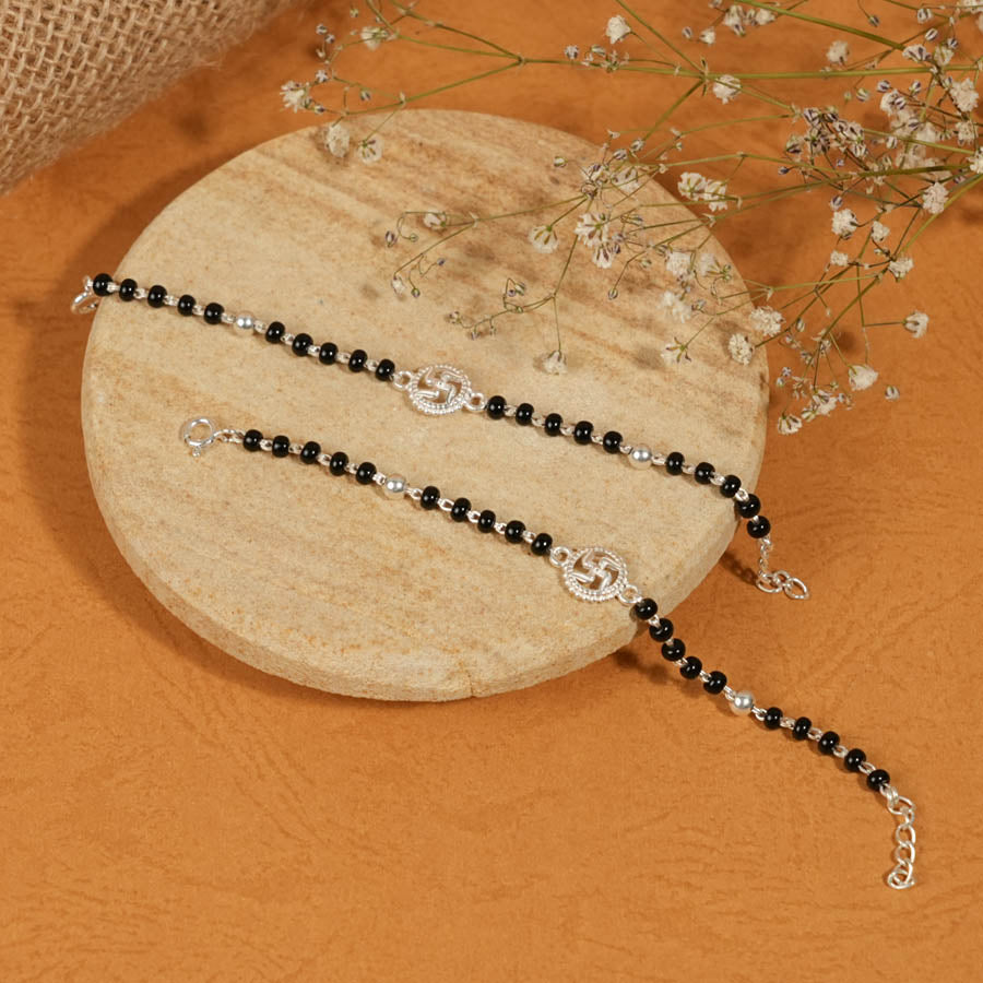 Authentic Black Beads and Silver Swastik Nazariya for Kids