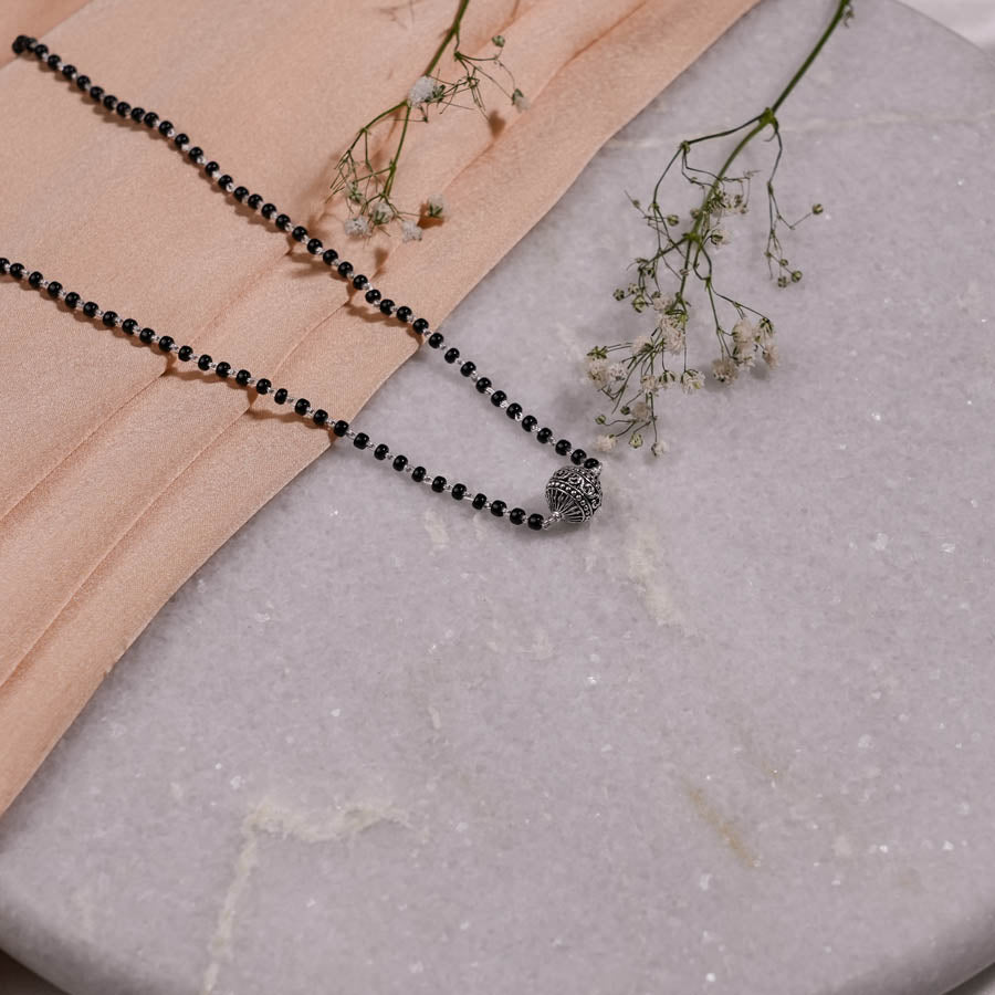 Authentic Black Beads Mangal Sutra with Beaded Silver Circular Pendant for Women