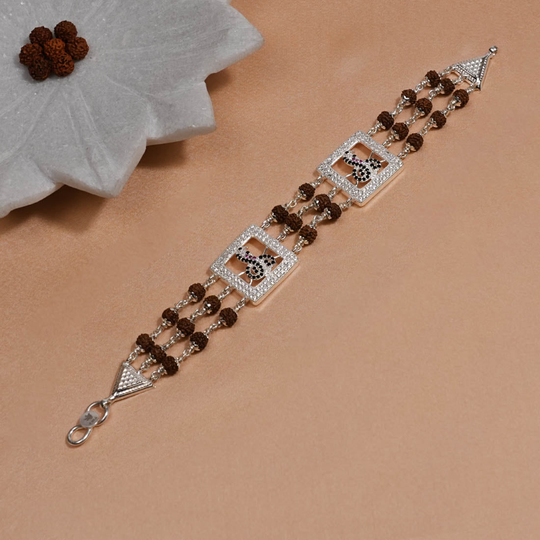 Authentic Rudraksha Silver Two Goga Triple Line Bracelet