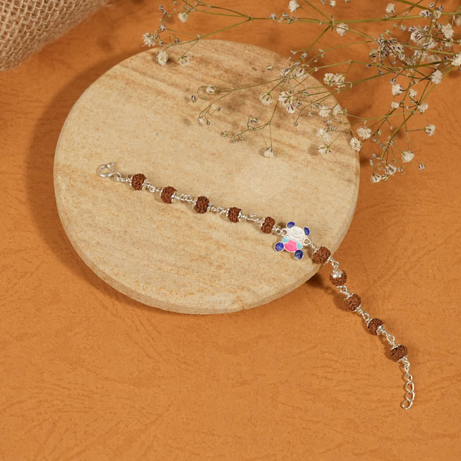 Rudraksha Silver Bracelet with Colorful Teddy Bear Single Line for Kids