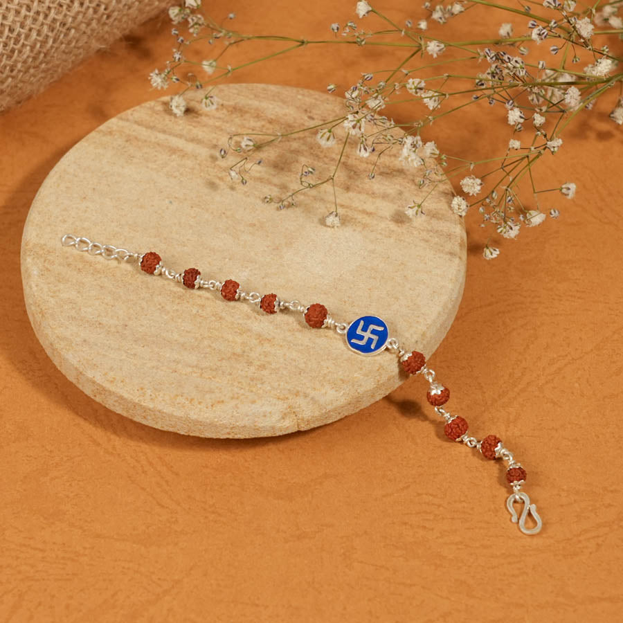 Authentic Rudraksha Silver Bracelet with Blue Swastik Single Line for Kids
