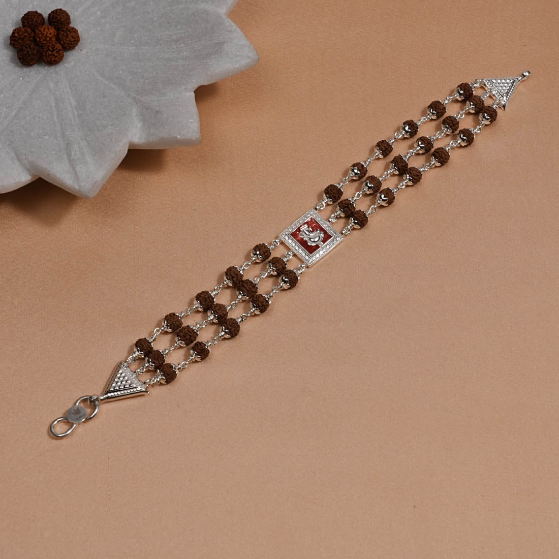 Authentic Rudraksha Silver Ganesh in Red Triple Line Bracelet