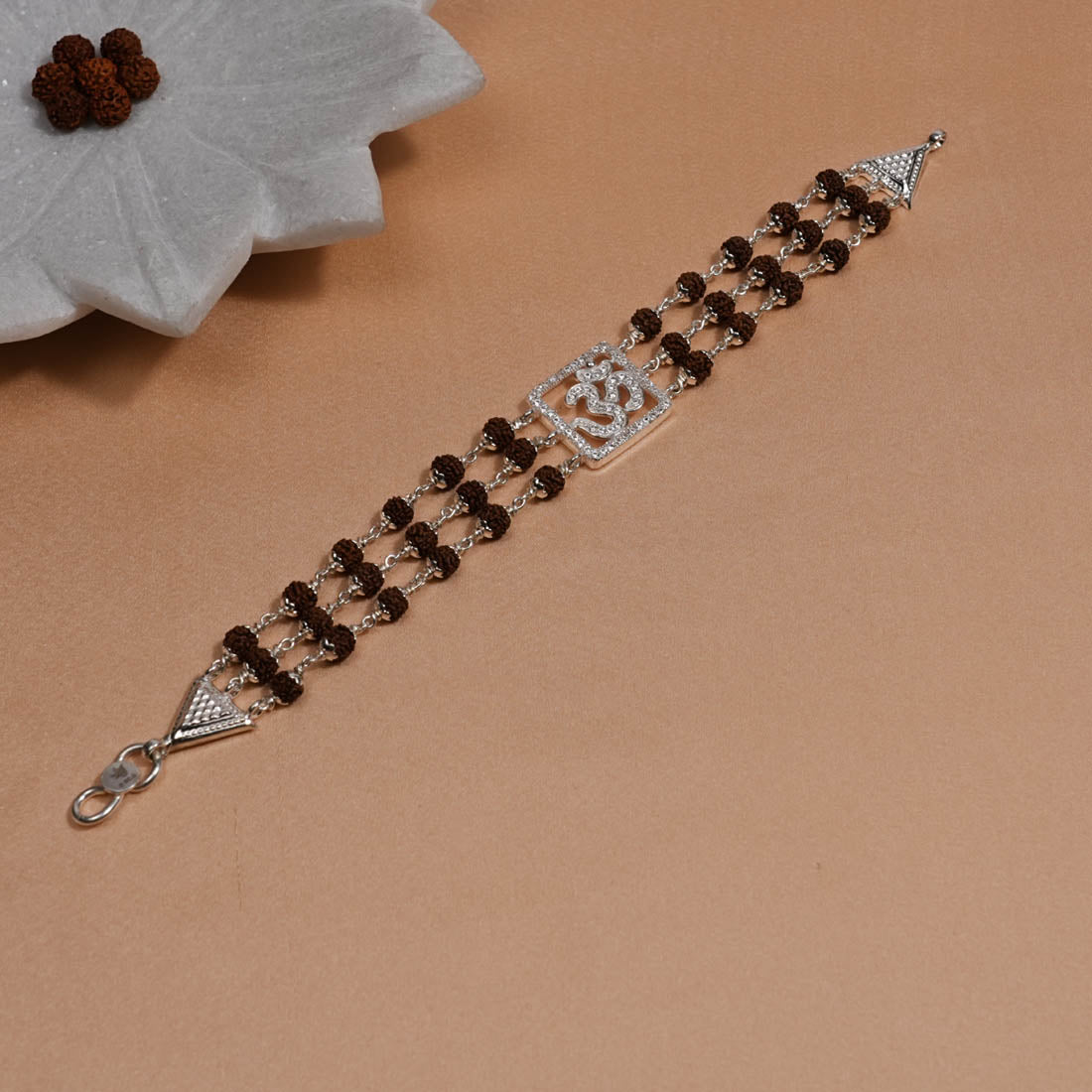Authentic Rudraksha Silver Om Triple Line Bracelet