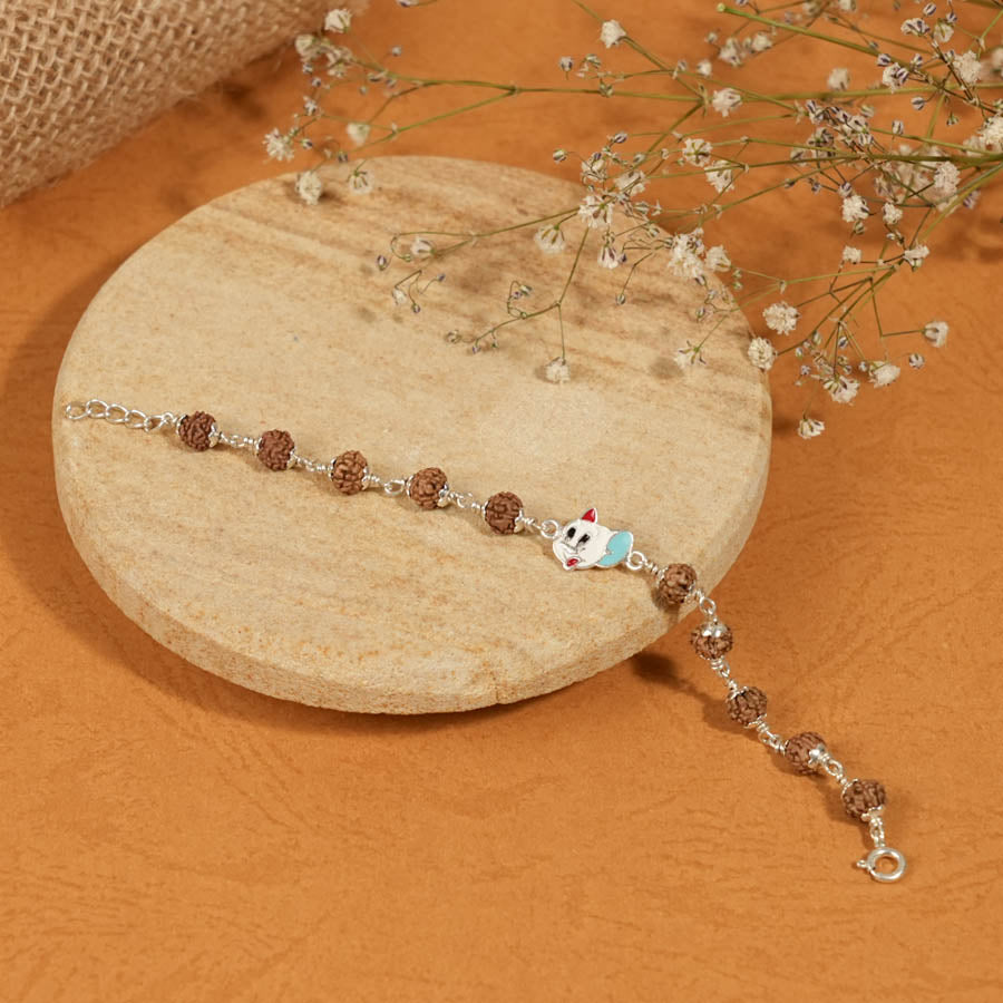 Authentic Rudraksha Silver Bracelet Tom Cat Single Line for Kids