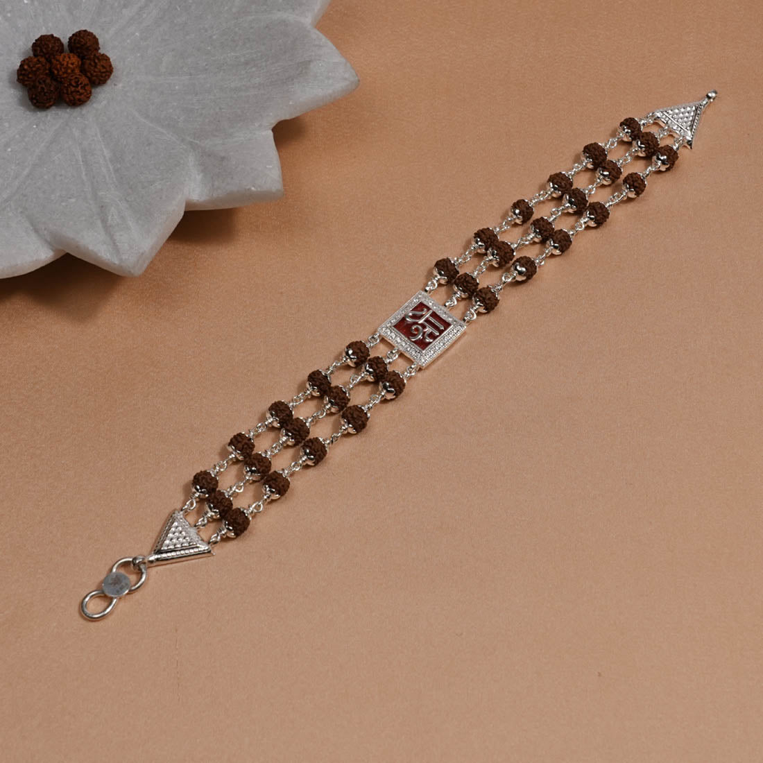 Authentic Rudraksha Silver Shree in Red Triple Line Bracelet