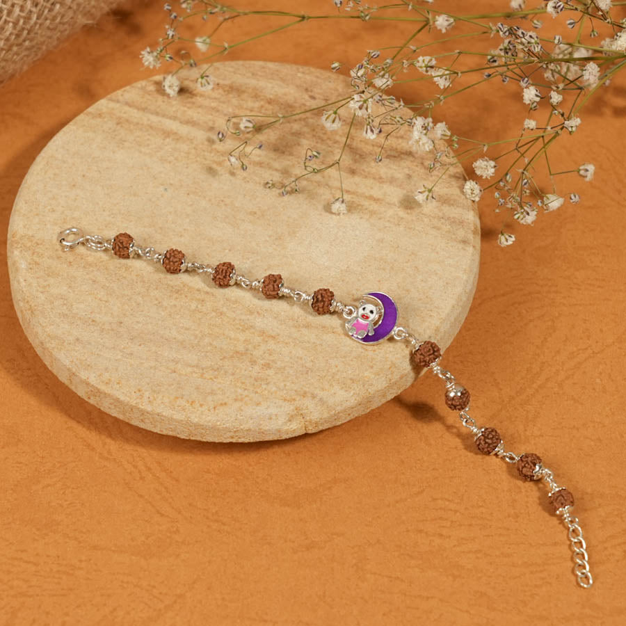 Authentic Rudraksha Silver Bracelet with Teddy and Moon Single Line for Kids