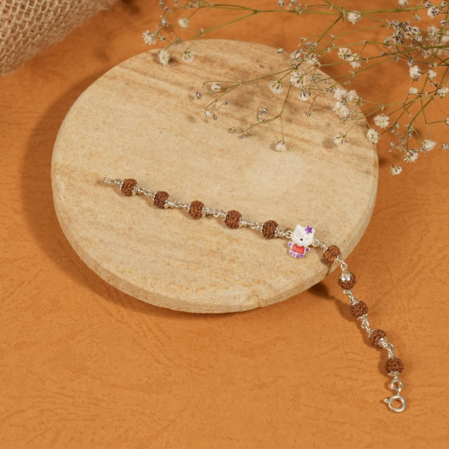 Authentic Rudraksha Silver Bracelet with Colorful Teddy Bear Single Line for Kids