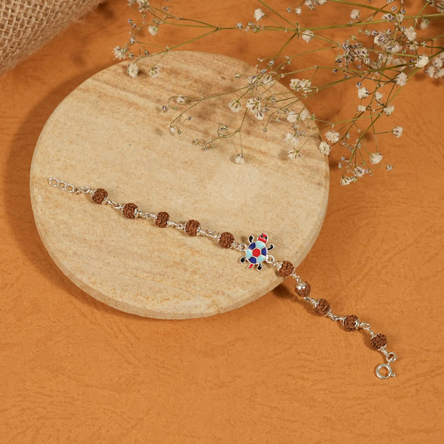 Authentic Rudraksha Silver Bracelet with Colorful Tortoise Single Line for Kids