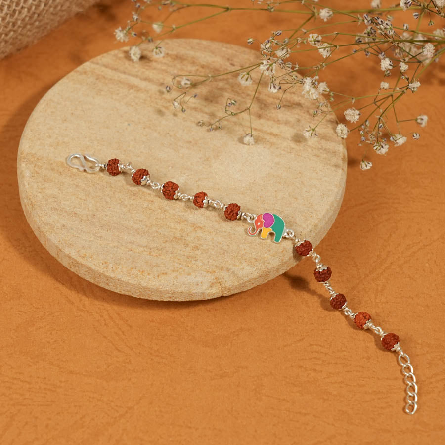 Authentic Rudraksha Silver Bracelet with Multicolor Elephant Single Line for Kids