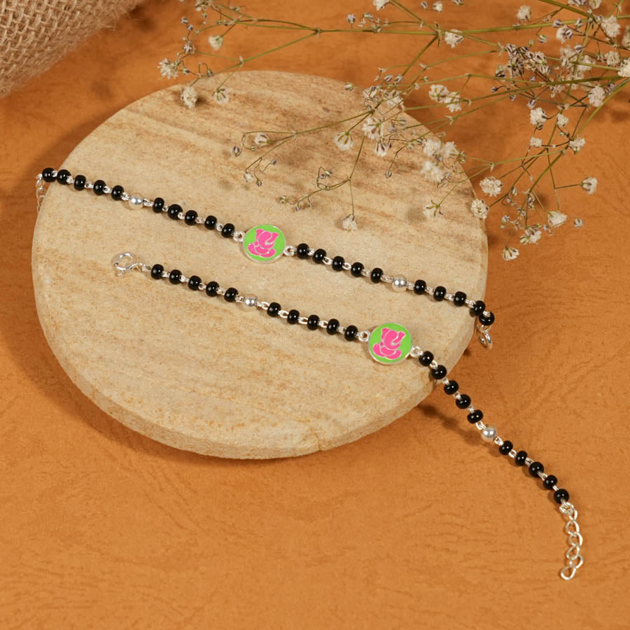 Authentic Black Beads Pink Ganesh Silver Nazariya for Kids