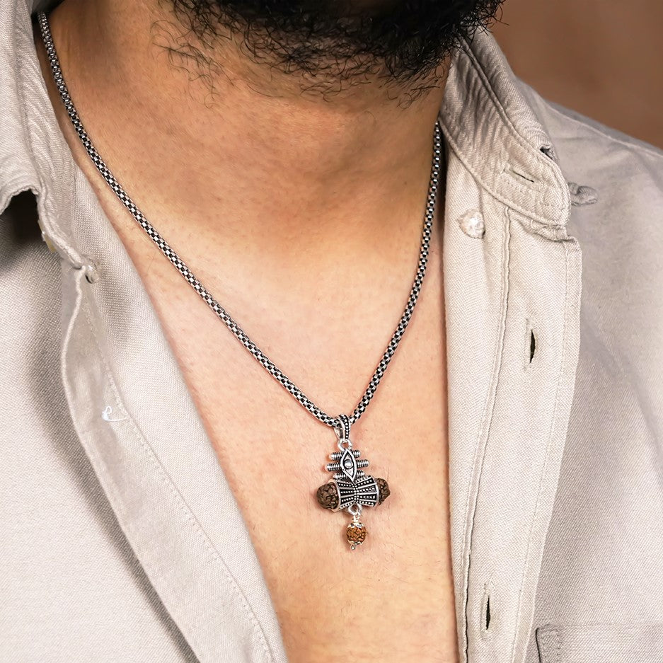 Orignal Rudraksha Damru & Lord Shiva Third Eye Pendant with Silver Chain