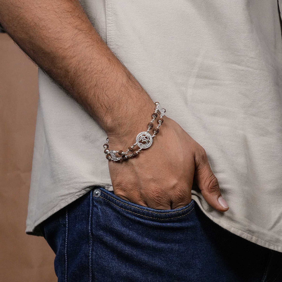 Authentic Rudraksha Silver Double Line Bracelet with Central Om